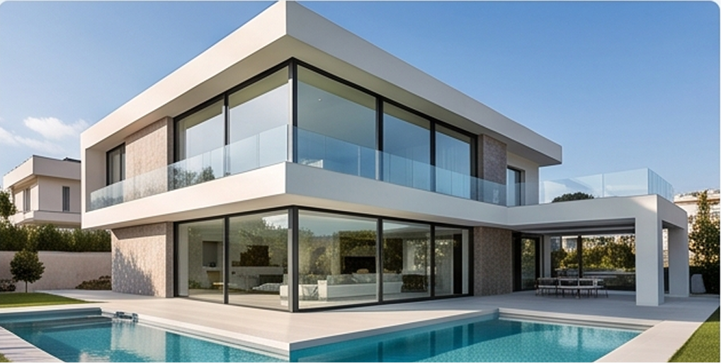 Fachada de una espectacular vivienda moderna de dos plantas con grandes cerramientos de aluminio negro de la Serie E-65 HO/C16 y barandillas de cristal.