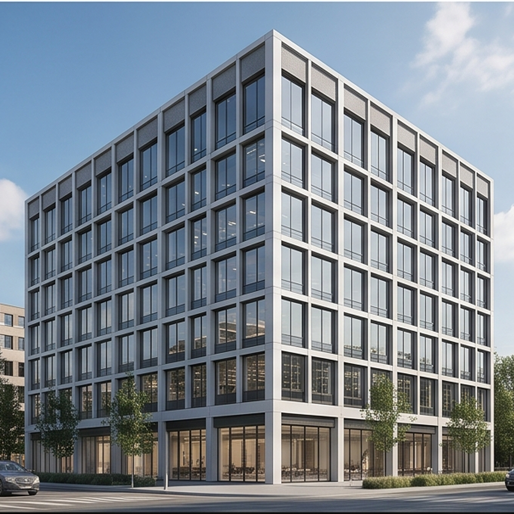 Edificio de diseño contemporáneo revestido con un muro cortina de tapetas planas grises que forma una gran cuadrícula uniforme sobre toda la fachada acristalada