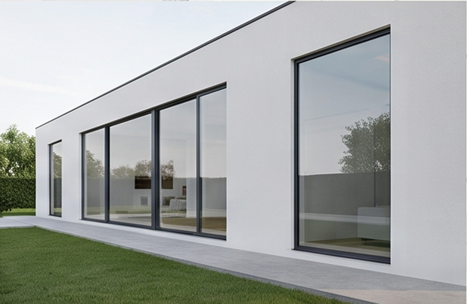 Fachada de una vivienda minimalista blanca con un frente continuo de grandes ventanales de suelo a techo con perfilería de hoja oculta Serie E-65 HO/C16.