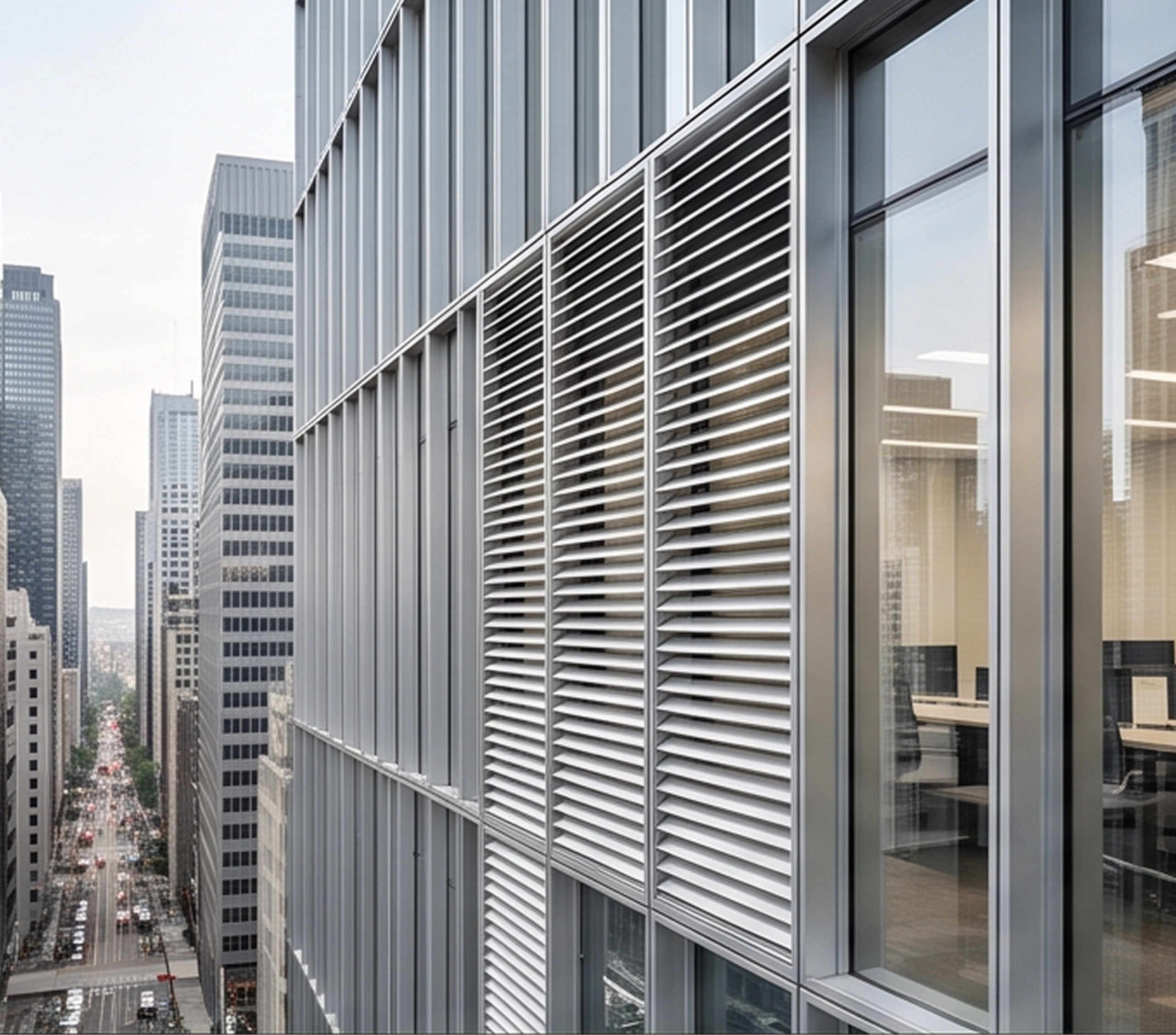 Fachada de un edificio en un entorno urbano con grandes ventanales de aluminio y protección solar integrada de la Serie E-18.