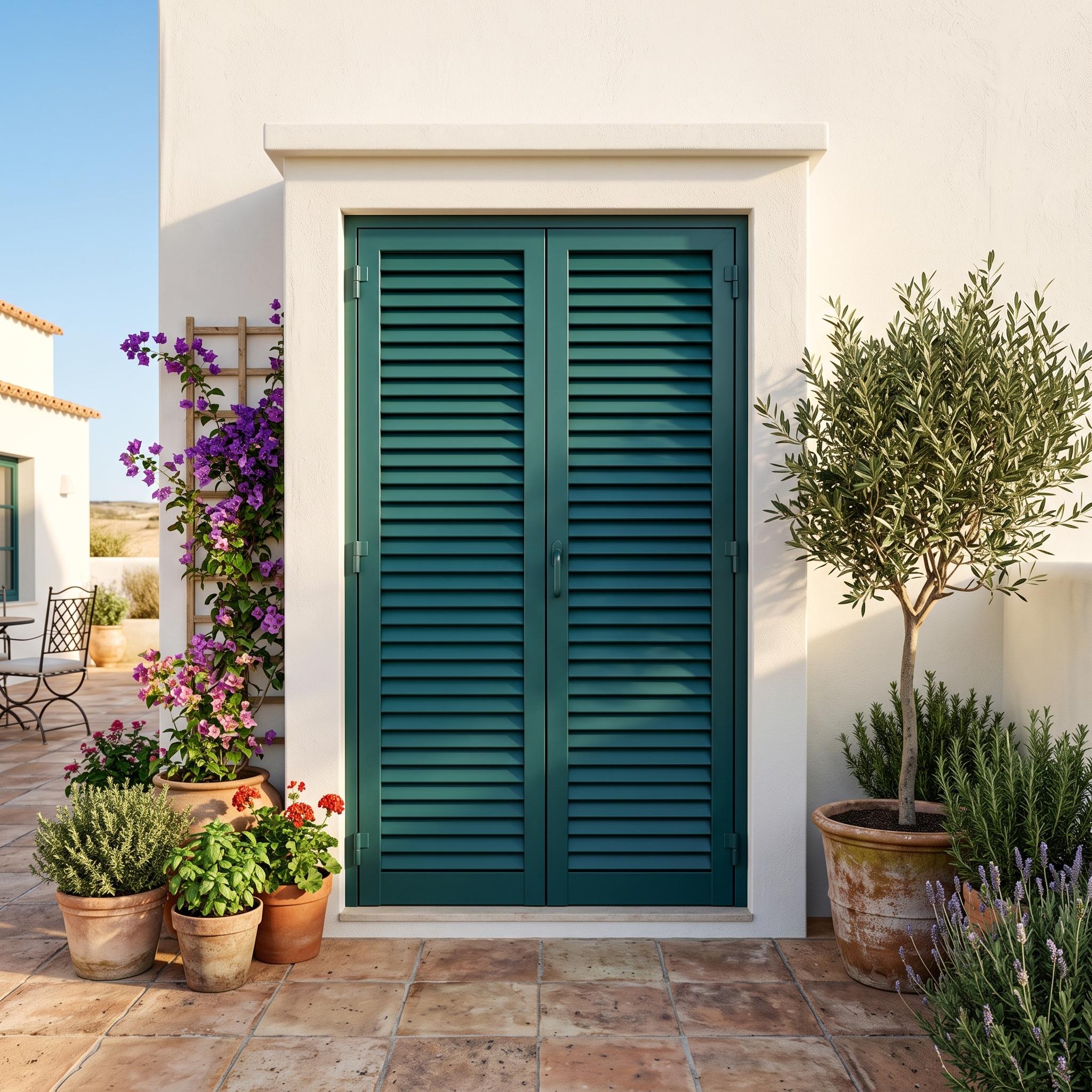 Puerta mallorquina abatible de aluminio en color verde oscuro, instalada en la fachada de una casa de estilo mediterráneo con plantas a su alrededor.