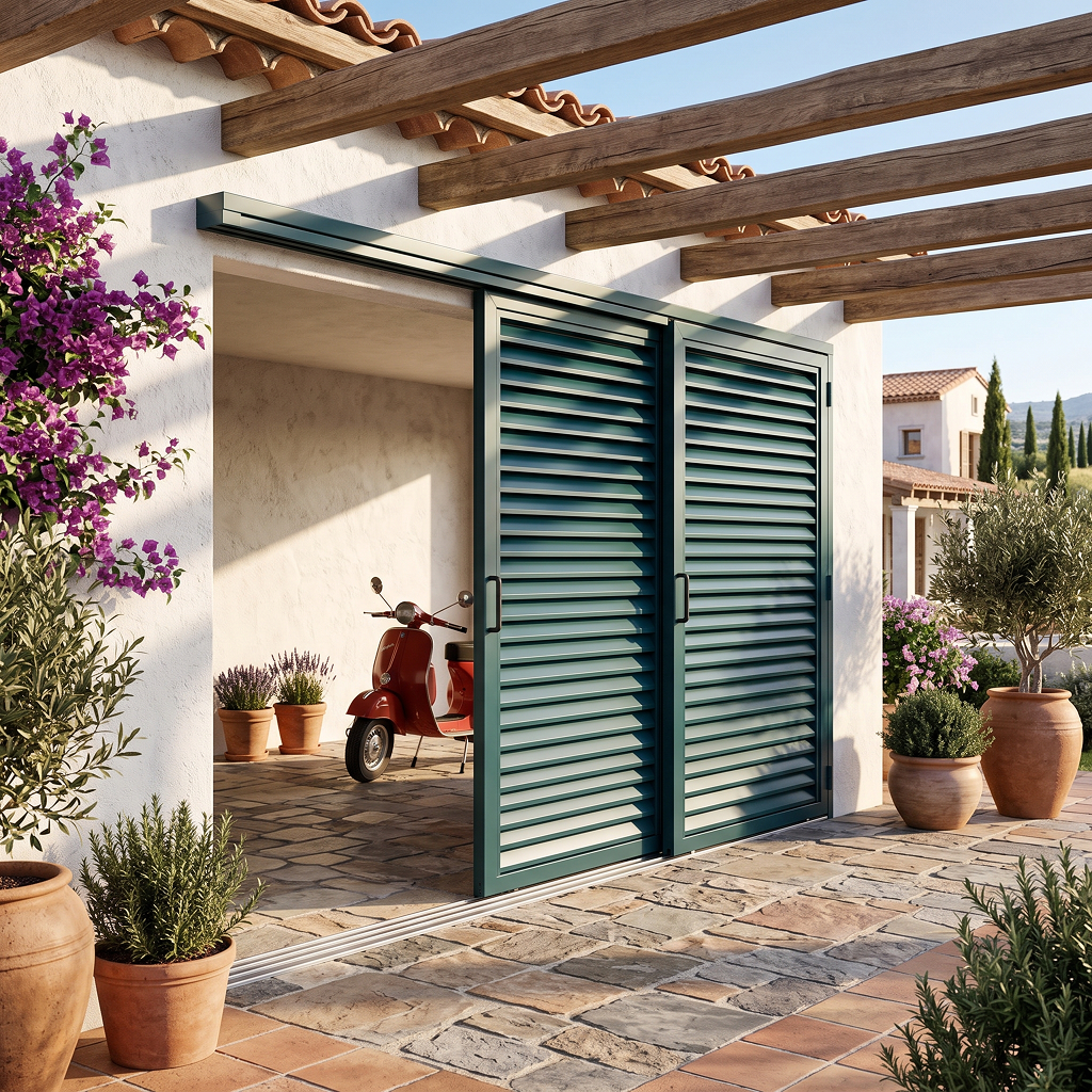 Dos hojas de mallorquina corredera en aluminio verde oscuro parcialmente abiertas bajo una pérgola de madera, revelando un patio rústico.