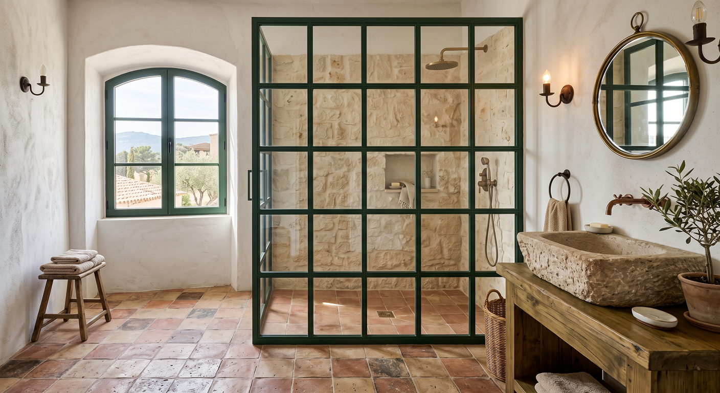 Baño de diseño mediterráneo con una gran mampara de ducha fija formada por una cuadrícula de cristal y aluminio verde oscuro.
