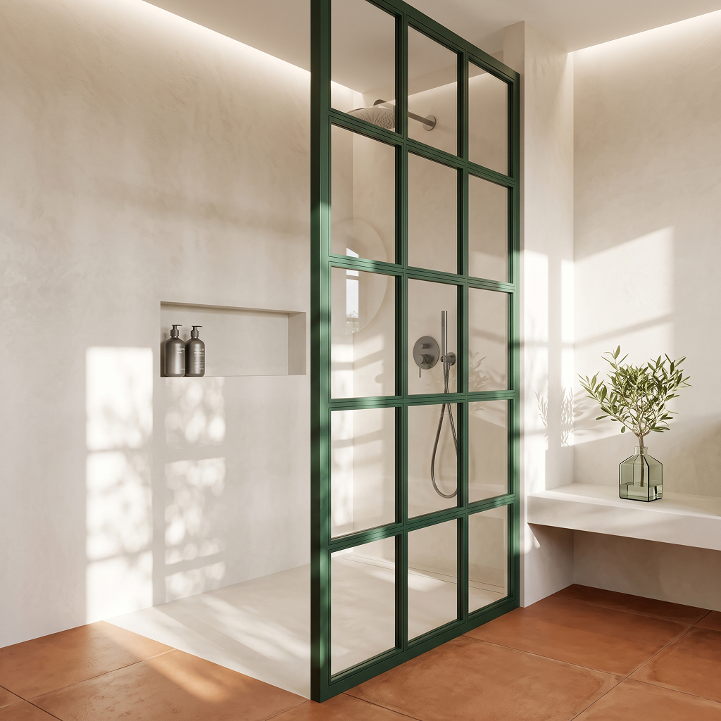 Detalle luminoso de una ducha moderna separada por un panel fijo de cristal y perfilería fina de aluminio verde con diseño de cuadrícula.