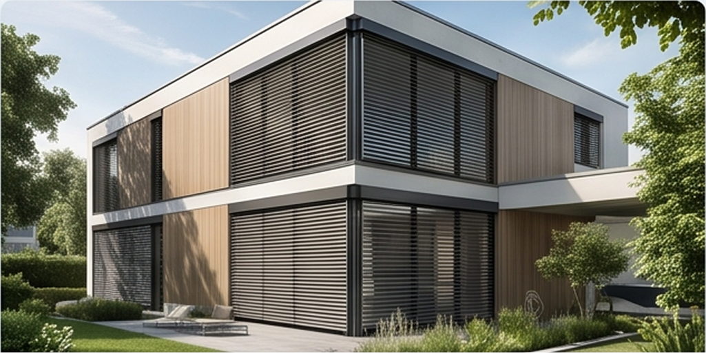 Fachada de una vivienda moderna de estilo cúbico donde se combinan paredes de madera con grandes frentes de celosías de aluminio oscuro protegiendo ventanales de la Serie E-75 HO.