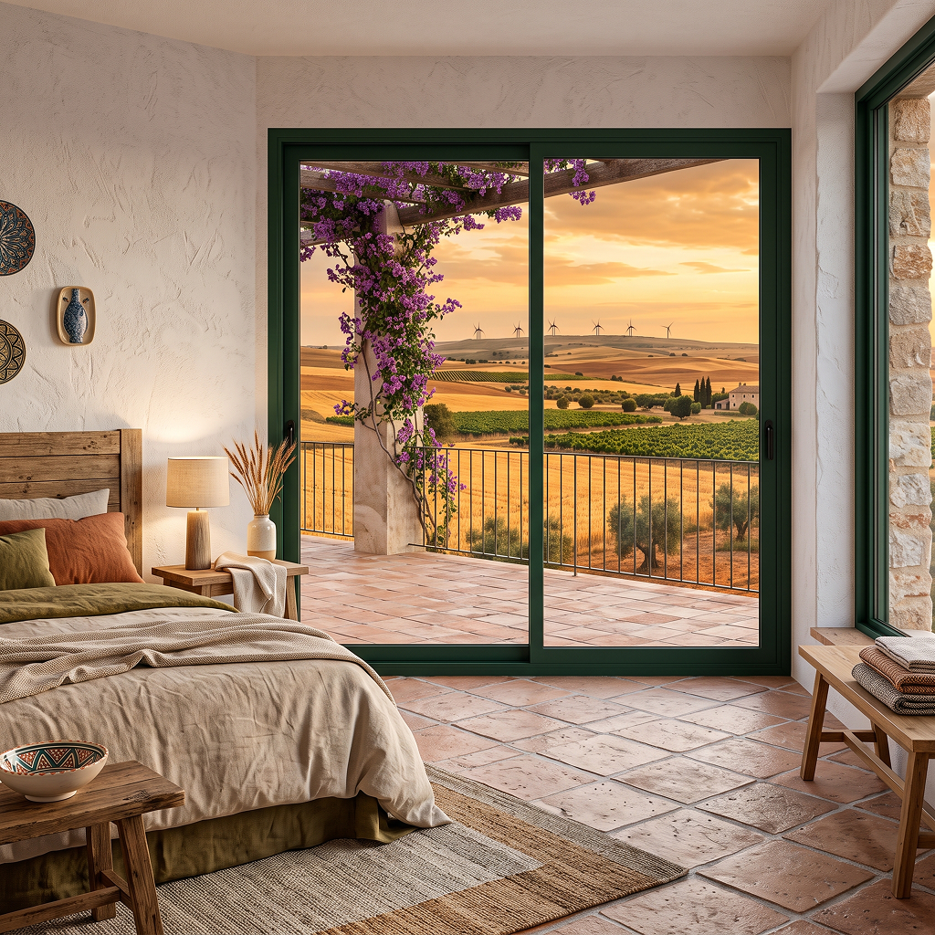 Dormitorio de estilo mediterráneo con cama y suelo de baldosas de barro, que se abre a una terraza a través de unas grandes puertas correderas de aluminio verde oscuro, enmarcando un atardecer sobre campos y viñedos.