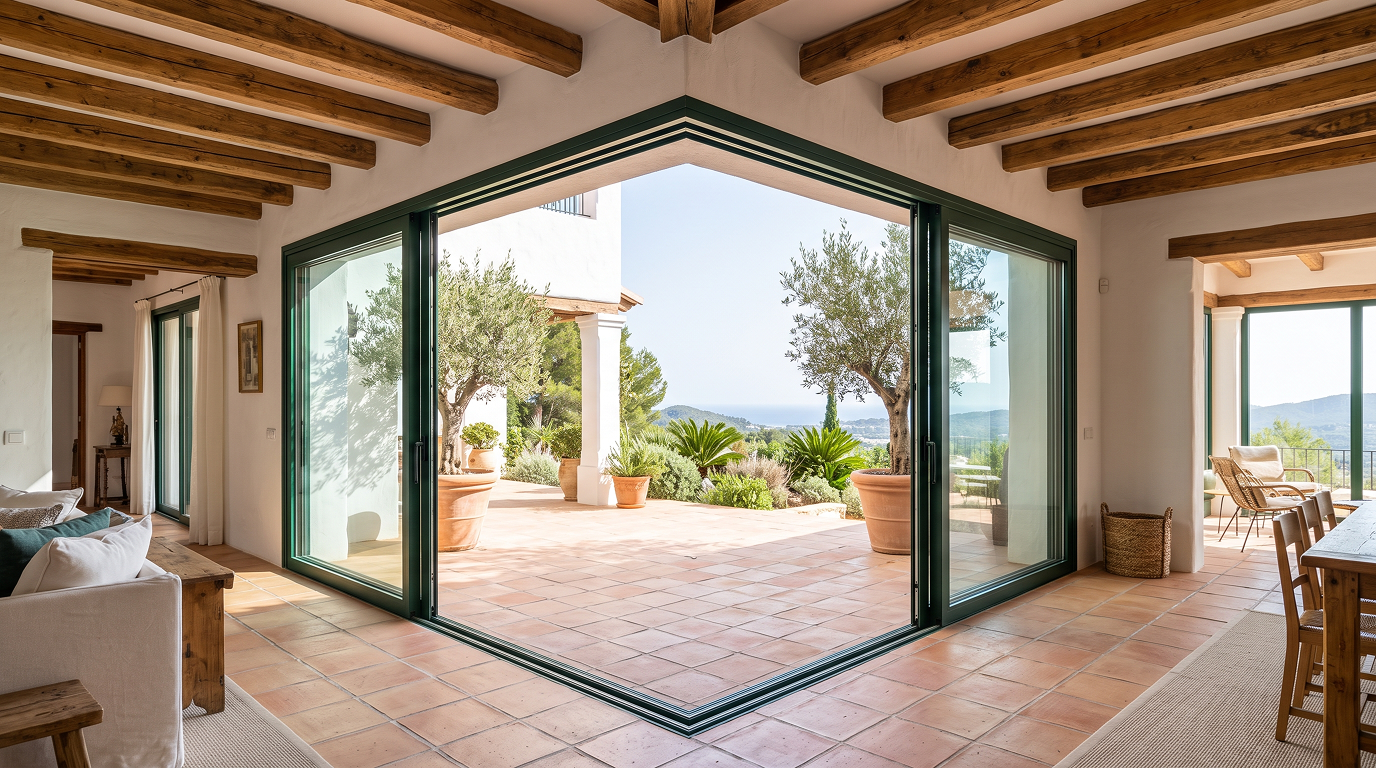 Dormitorio de estilo mediterráneo con vistas a un viñedo a través de una gran puerta corredera minimalista de la Serie E-150 M en aluminio verde oscuro.