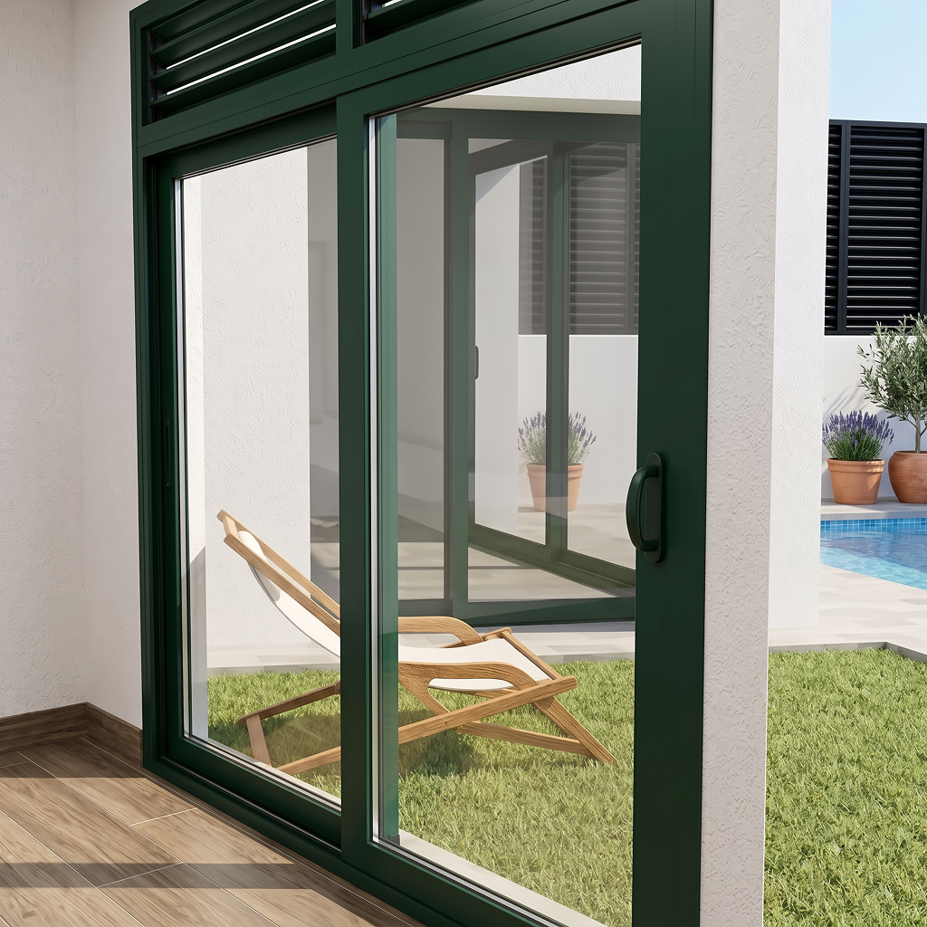 Texto alternativo: Puerta corredera perimetral de dos hojas en aluminio verde oscuro instalada en una terraza que da acceso directo a un jardín y una piscina privada.