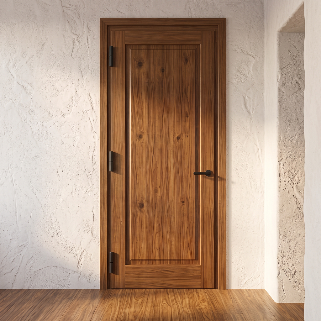 Puerta de entrada practicable de la Serie E-45 con panelado y acabado lacado efecto madera, tirador moderno y bisagras robustas.