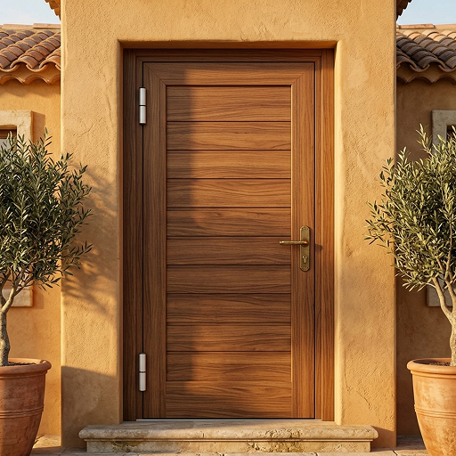 Texto alternativo: Puerta de entrada principal de la Serie E-90 con diseño panelado horizontal en acabado efecto madera y herrajes clásicos.