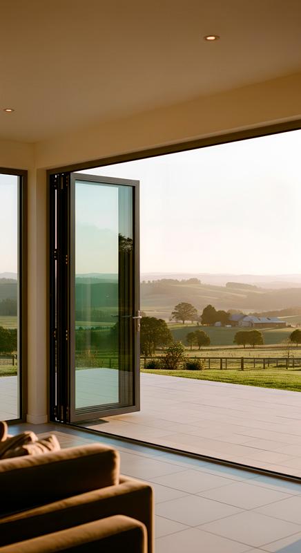 Puerta plegable de aluminio Serie E-160 semiabierta, conectando un cálido salón interior con un extenso paisaje verde y campestre al atardecer.