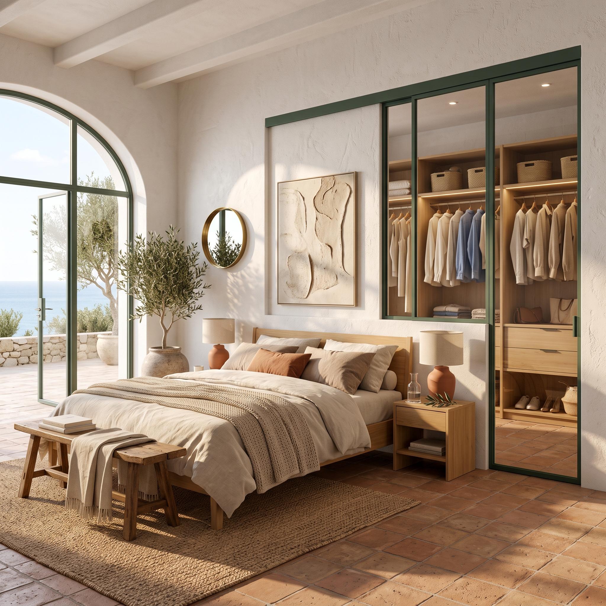 Cama de matrimonio en una habitación luminosa con vistas al mar y un vestidor separado por puertas correderas de cristal y perfilería fina de aluminio.
