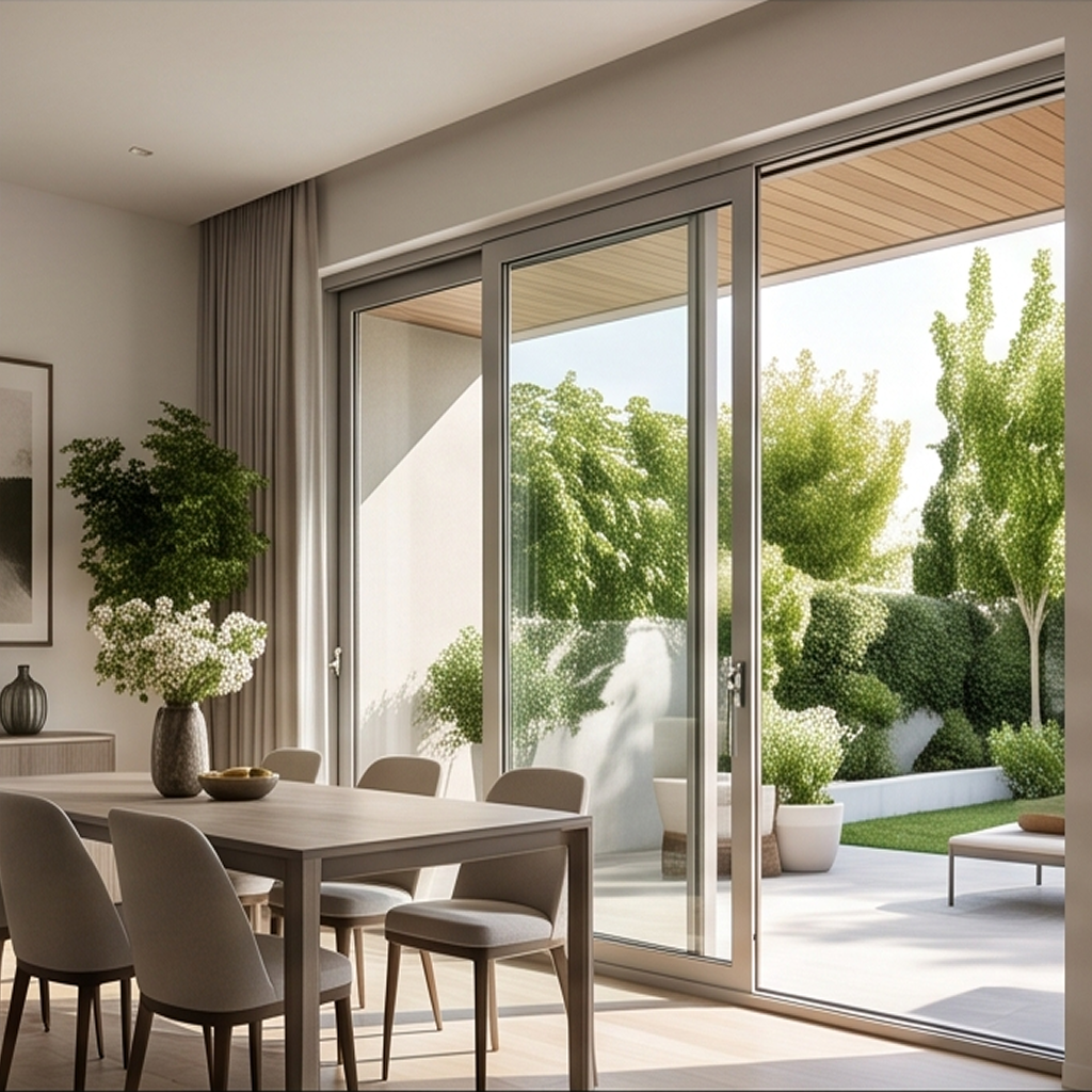 Luminoso salón-comedor con grandes puertas balconeras practicables de aluminio de la Serie E-45 que conectan el interior con un jardín.