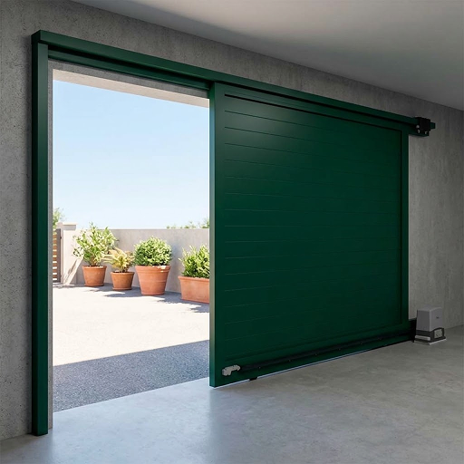 Cancela corredera motorizada de aluminio verde oscuro de la Serie E-120, con diseño de lamas horizontales y motor de arrastre inferior, abriéndose hacia un patio soleado.