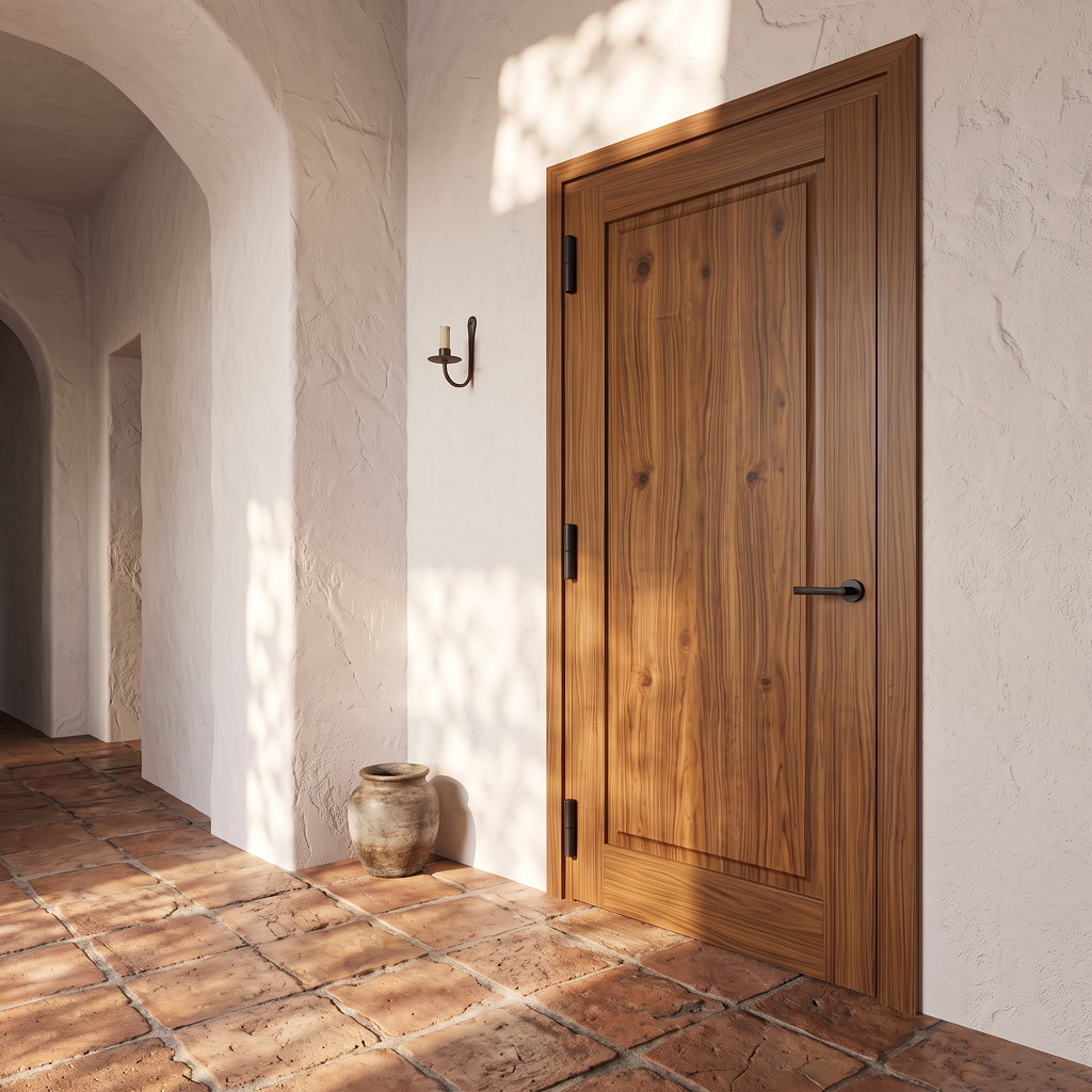 Texto alternativo: Puerta de acceso con diseño panelado clásico y acabado lacado efecto madera, integrada en un pasillo de estilo rústico-mediterráneo.