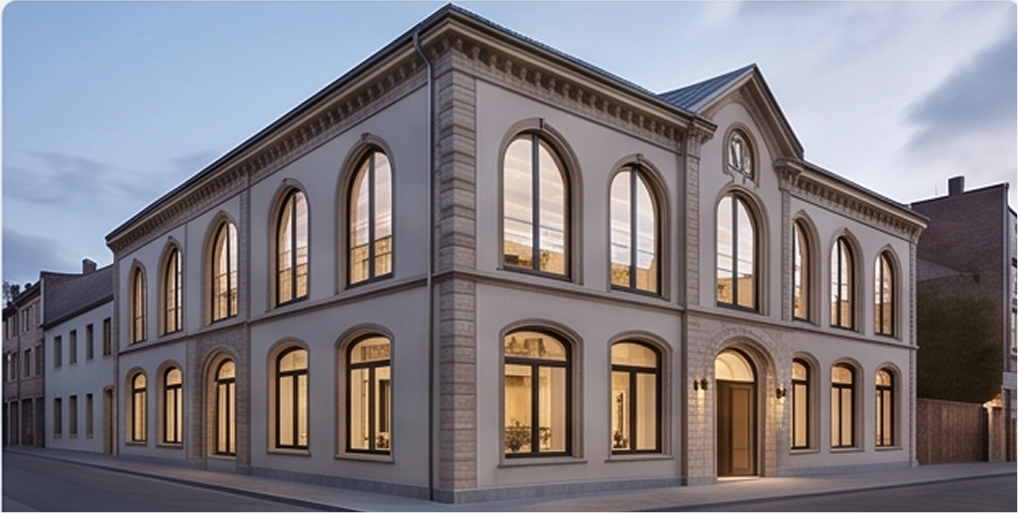 Fachada de un edificio histórico rehabilitado con altos ventanales de aluminio en arco de medio punto y rectangulares, fabricados con el sistema de hoja oculta Serie E-65 HO.