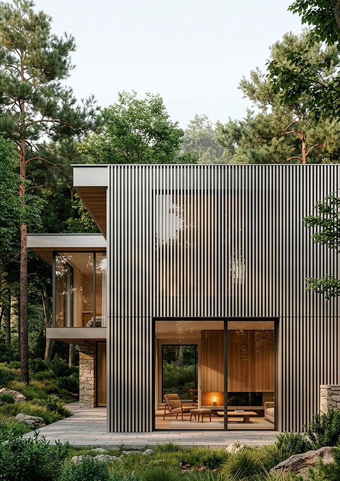 Otra perspectiva de la fachada de una casa de diseño cúbico en la naturaleza, totalmente revestida con lamas verticales de aluminio Serie E-170.