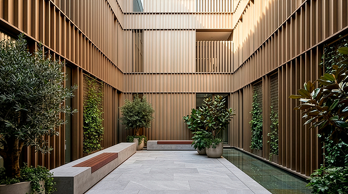 Espectacular patio interior de doble altura revestido en su totalidad con celosías de lamas de aluminio en tono cobre o bronce de la Serie E-170.