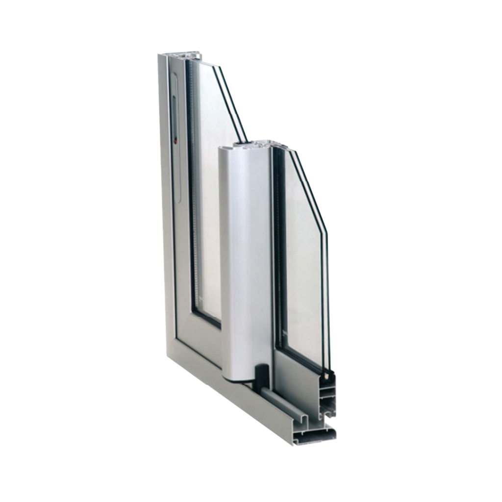 Sección en esquina de un perfil de aluminio para ventana corredera perimetral de la Serie E-18, mostrando el marco, la hoja y el acristalamiento.