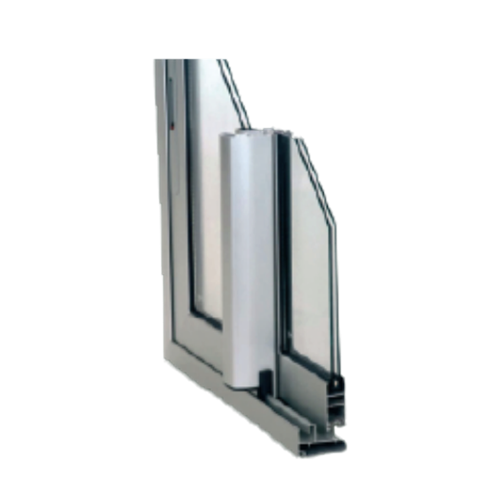Sección técnica transversal en 3D de un nudo central de puerta corredera Serie CR89 Apotema en acabado plata, mostrando el carril de rodadura y la integración del acristalamiento.