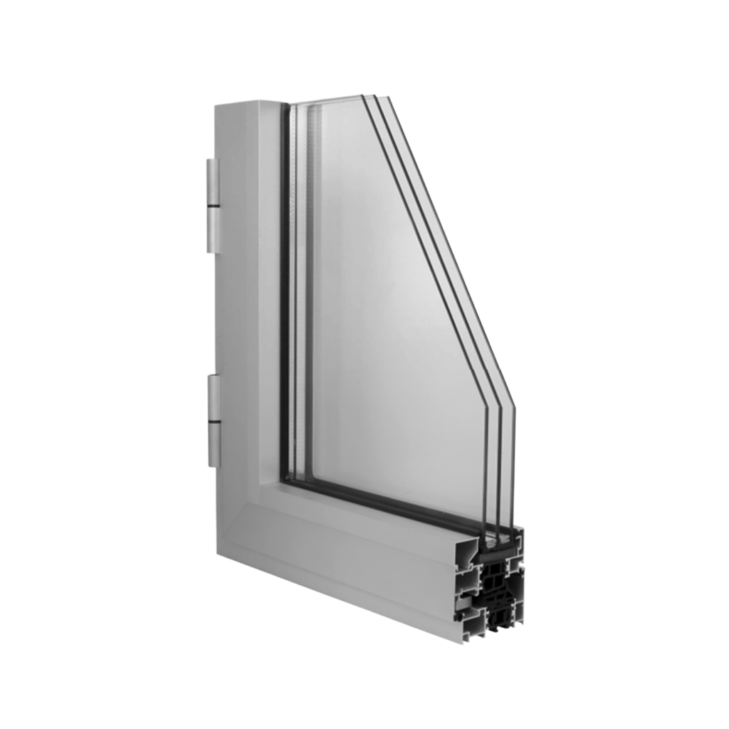 Sección transversal en esquina del perfil practicable Serie E-75 P en aluminio claro, mostrando la rotura de puente térmico y su capacidad para triple acristalamiento.