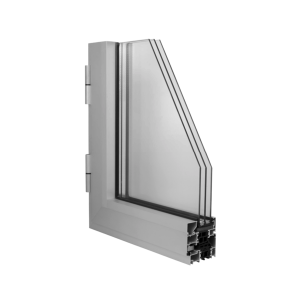 Sección transversal en esquina del perfil practicable Serie E-75 P en aluminio claro, mostrando la rotura de puente térmico y su capacidad para triple acristalamiento.