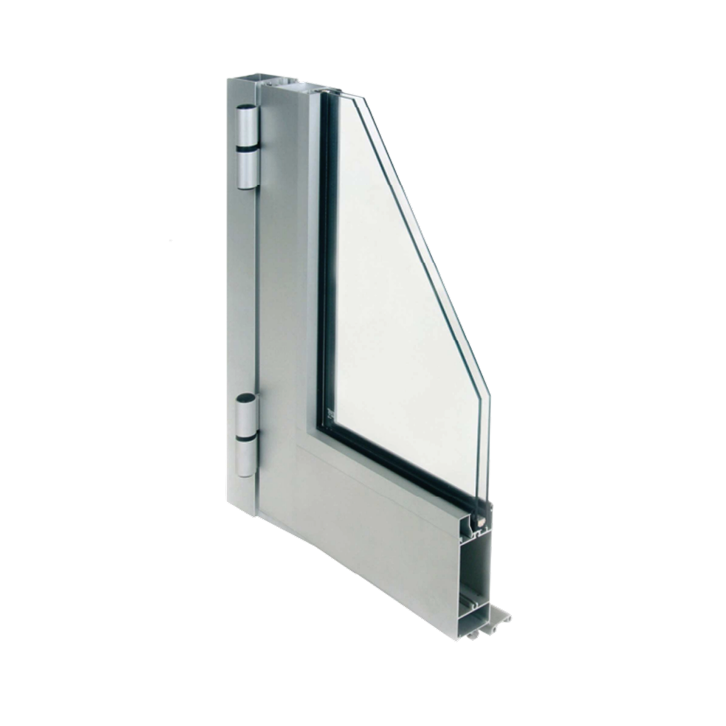 Sección constructiva en esquina de un perfil de aluminio coplanar y acristalado de la Serie E-45 para puertas.