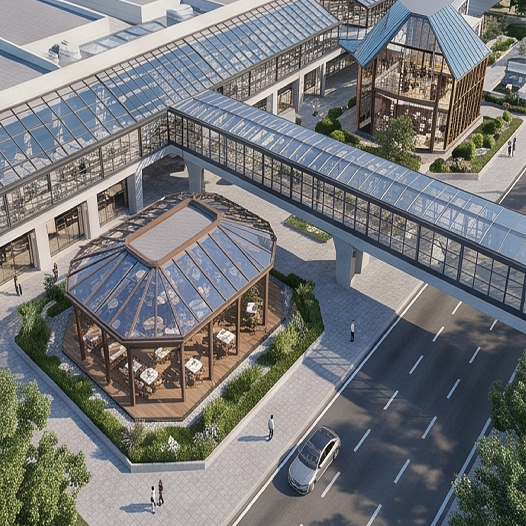Complejo arquitectónico comercial que incluye pasarelas acristaladas elevadas y un restaurante exterior tipo quiosco cubierto por un gran techo fijo octogonal de la Serie E-110.