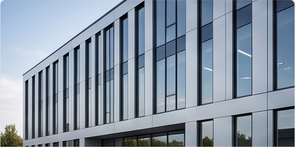 Fachada acristalada de un moderno edificio de oficinas, combinando cristaleras fijas y ventanas estrechas y alargadas con marcos de aluminio anodizado oscuro de la Serie E-65/C16.