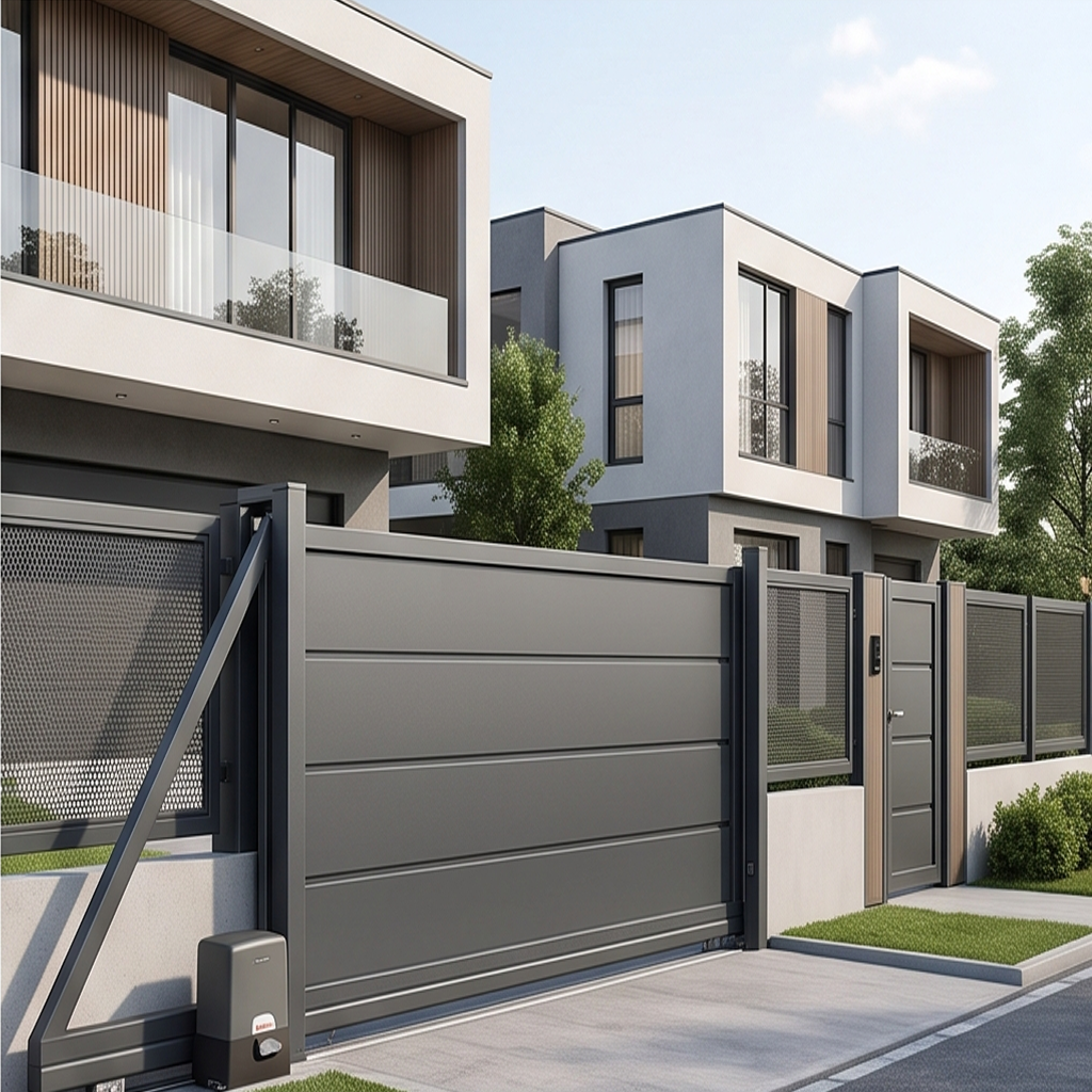 Fachada de una zona residencial moderna con un cerramiento exterior completo, que incluye una gran cancela corredera motorizada y vallas perimetrales a juego en aluminio gris oscuro de la Serie E-120.