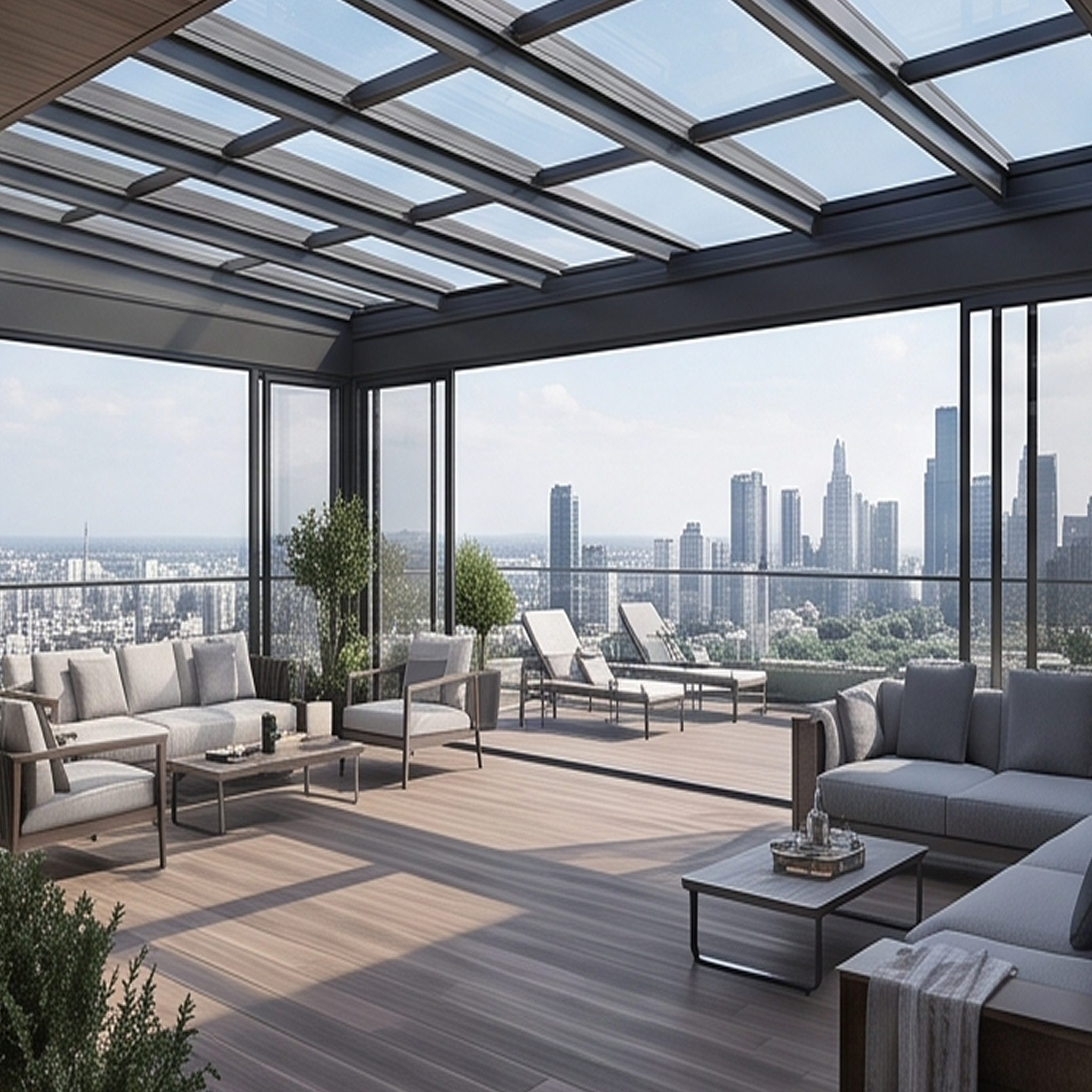 Terraza de un ático de lujo con salón exterior protegido por un techo fijo Serie E-110 de aluminio y cristal, y rodeado por grandes ventanales correderos con vistas al skyline urbano.