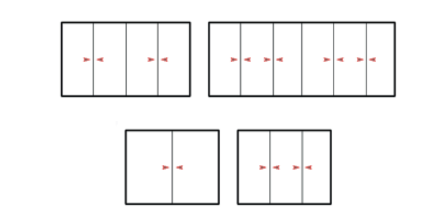 Esquemas técnicos de apertura para puertas correderas de la serie CR89 con configuraciones de múltiples hojas.