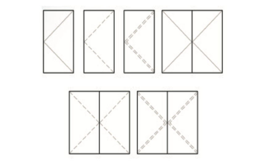Esquemas de líneas que muestran aperturas practicables, oscilobatientes y abatibles para la Serie E-45.