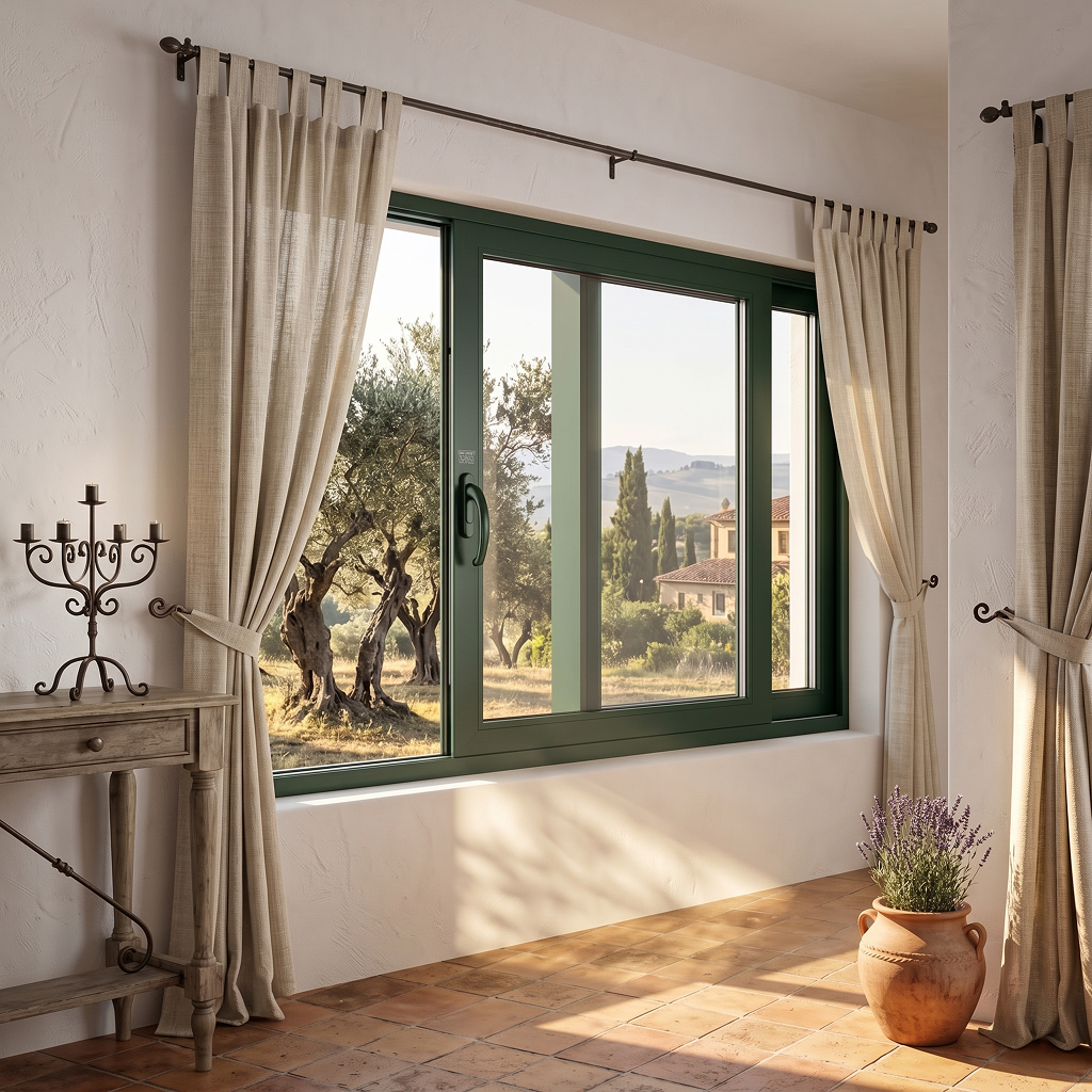 Amplia ventana corredera de tres hojas en aluminio lacado en verde, enmarcando vistas a un característico paisaje toscano o mediterráneo desde un interior rústico.
