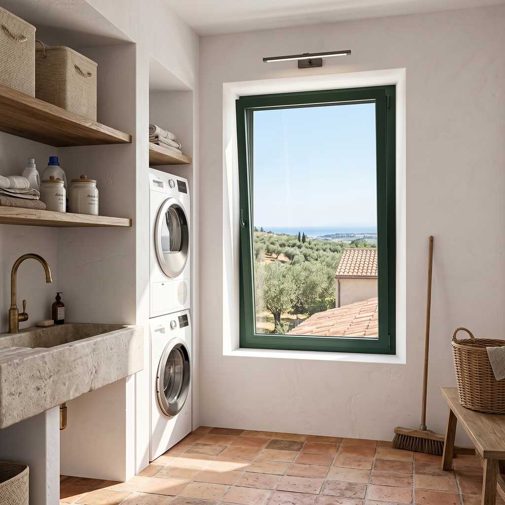 Ventana oscilobatiente de aluminio de la Serie E-85 en color verde oscuro, instalada en una luminosa zona de lavandería con vistas a colinas y olivares.