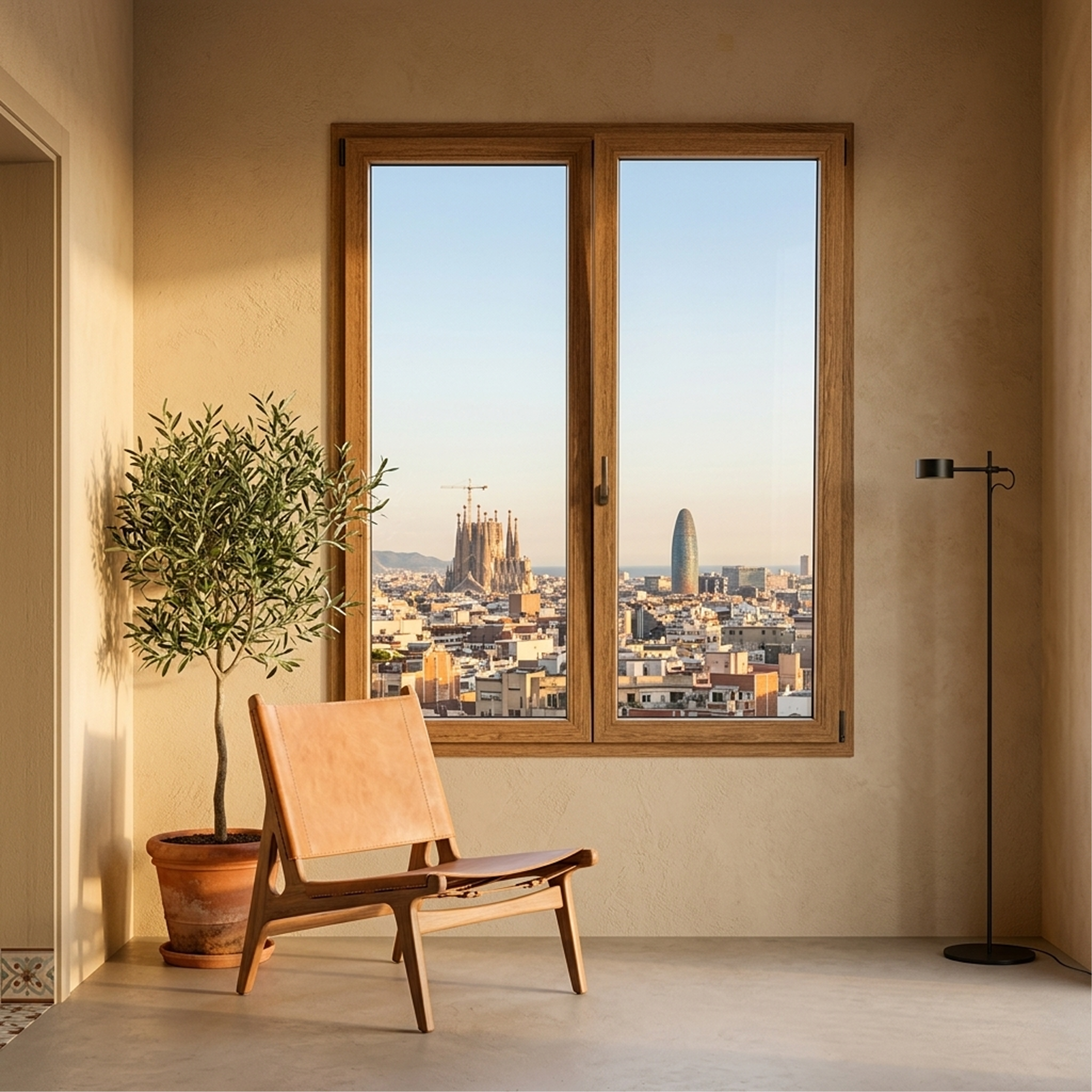 Interior minimalista con una gran ventana de aluminio practicable de la Serie E-85 en acabado imitación madera, enmarcando unas impresionantes vistas urbanas de Barcelona.