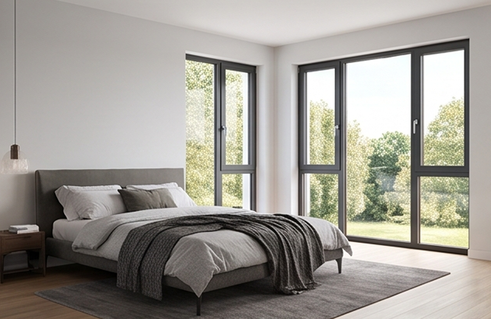Dormitorio moderno con ventanas oscilobatientes de aluminio gris oscuro de la Serie E-65, con vistas a un jardín arbolado.