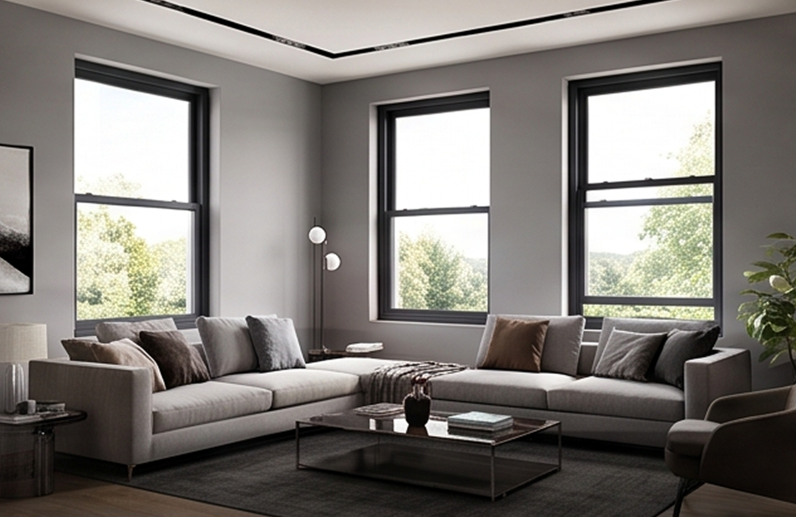 Salón moderno con altos ventanales de aluminio gris oscuro de la Serie E-65 HO, con diseño de hoja oculta que maximiza la entrada de luz.
