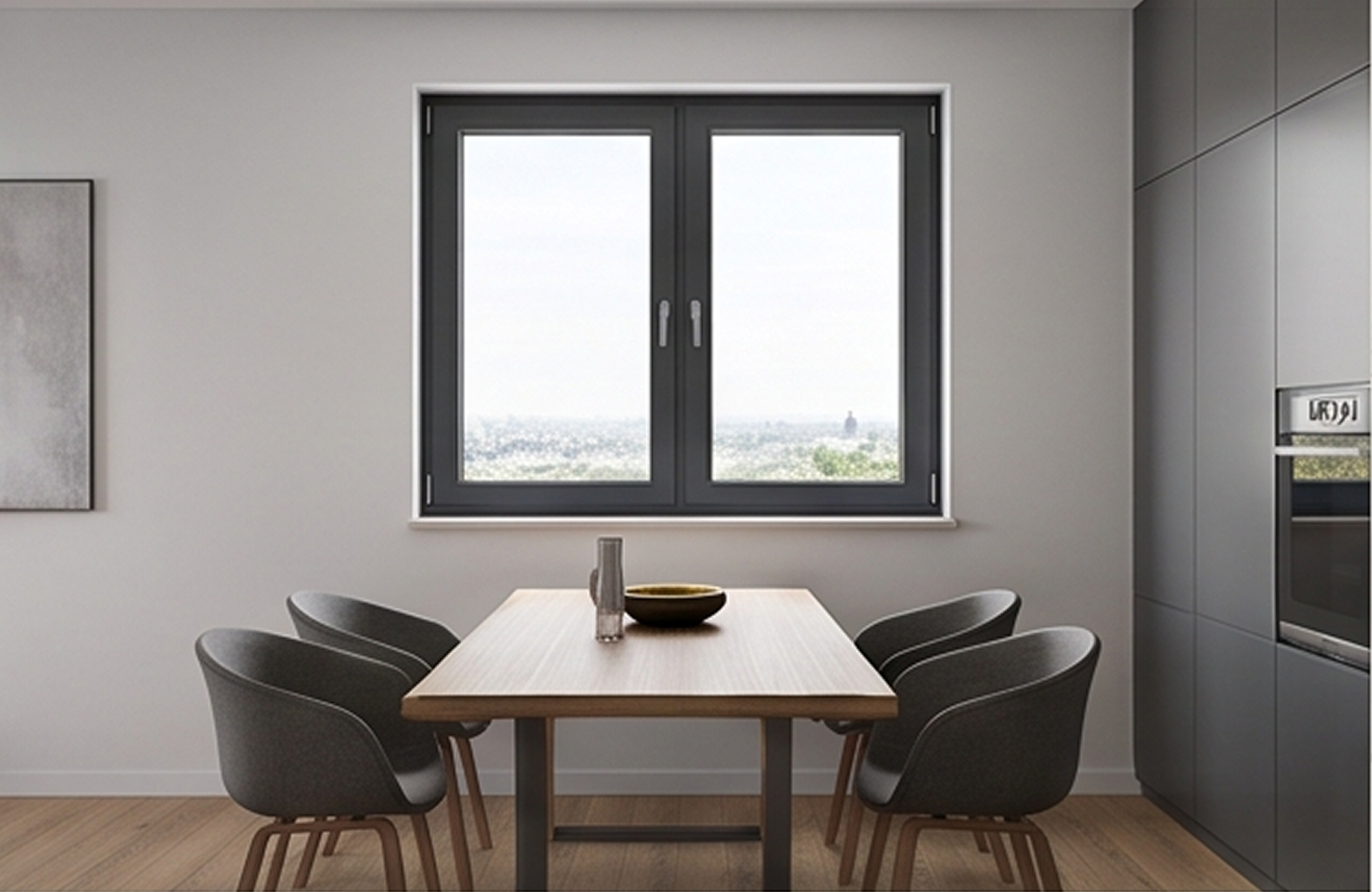 Comedor moderno con una ventana de aluminio de doble hoja en color gris oscuro, perteneciente a la integración modular de la Serie E-45.