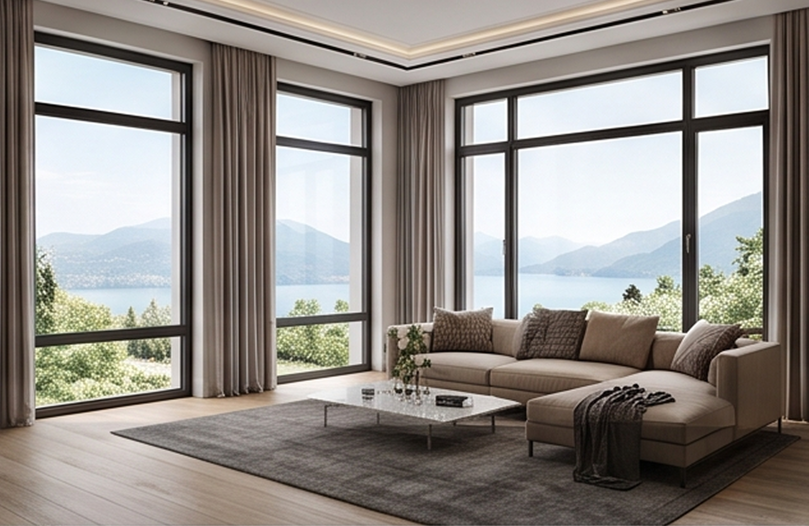 Salón luminoso con impresionantes vistas a un lago y montañas a través de enormes ventanales de suelo a techo construidos con el sistema Serie E-75 HO/C16 en aluminio oscuro.
